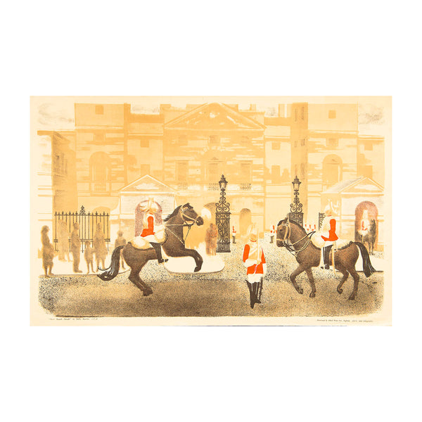 lithographic print, Horse Guards Parade, by Stella Marsden. Published by Artists' International Association (AIA), and distributed by School Prints Ltd, 1951. From a series released to coincide with the Festival of Britain. An outstanding print made at the famous Baynard Press, depicting guardsmen at Buckingham Palace
