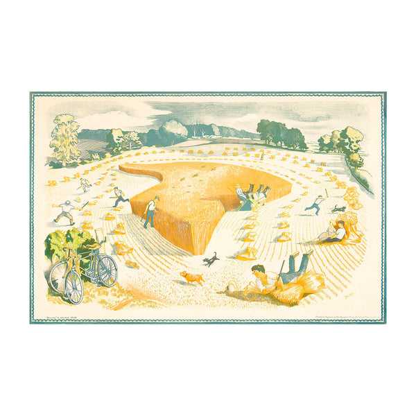 Harvesting, by the British artist John Nash RA (1893-1977). Published by School Prints Ltd, 1947. The design depicts a traditional harvesting scene in progress, with horse drawn harvester and newly cut wheat sheafs scattered about an open field.