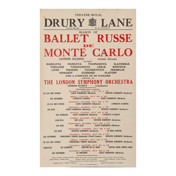A rare original pre-war poster for a performance of the Ballet Russe de Monte Carlo at the Theatre Royal, Drury Lane, 1938. 