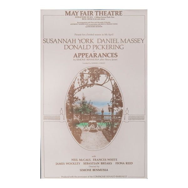 Original theatre poster for a production of Appearances (by Simone Benmussa), Mayfair Theatre, 1980. 