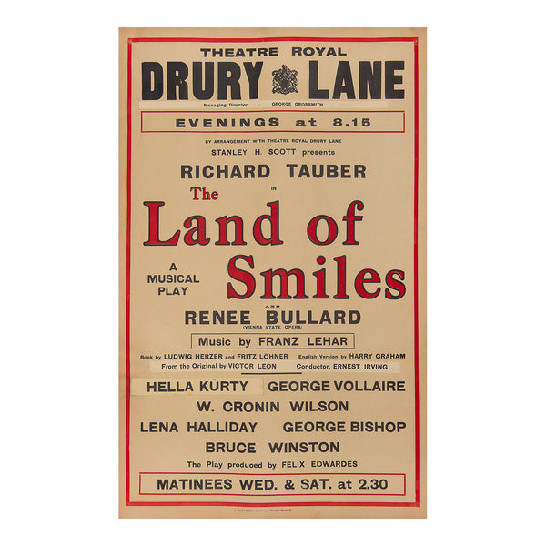 Original theatre poster for a production of Land of Smiles, Theatre Royal, Drury Lane, 1931