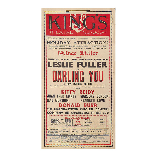 Original theatre poster for a production of Darling You, King's Theatre, Glasgow, 1936.