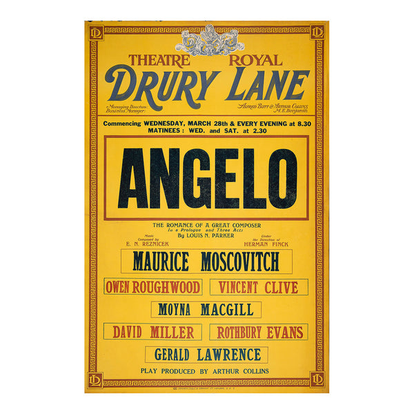 Original theatre poster for a production of Angelo: The Romance of a Great Composer, Theatre Royal, Drury Lane, 1922.