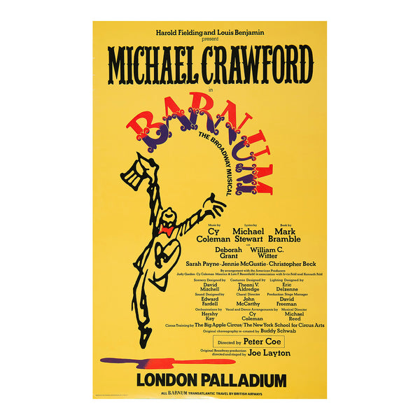 Original theatre poster for a new production of Barnum (by Joe Layton), London Palladium, 1981.