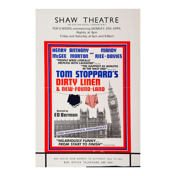 Original theatre poster for a production of Dirty Linen and New-Found-Land by Tom Stoppard, Shaw Theatre, 1981.