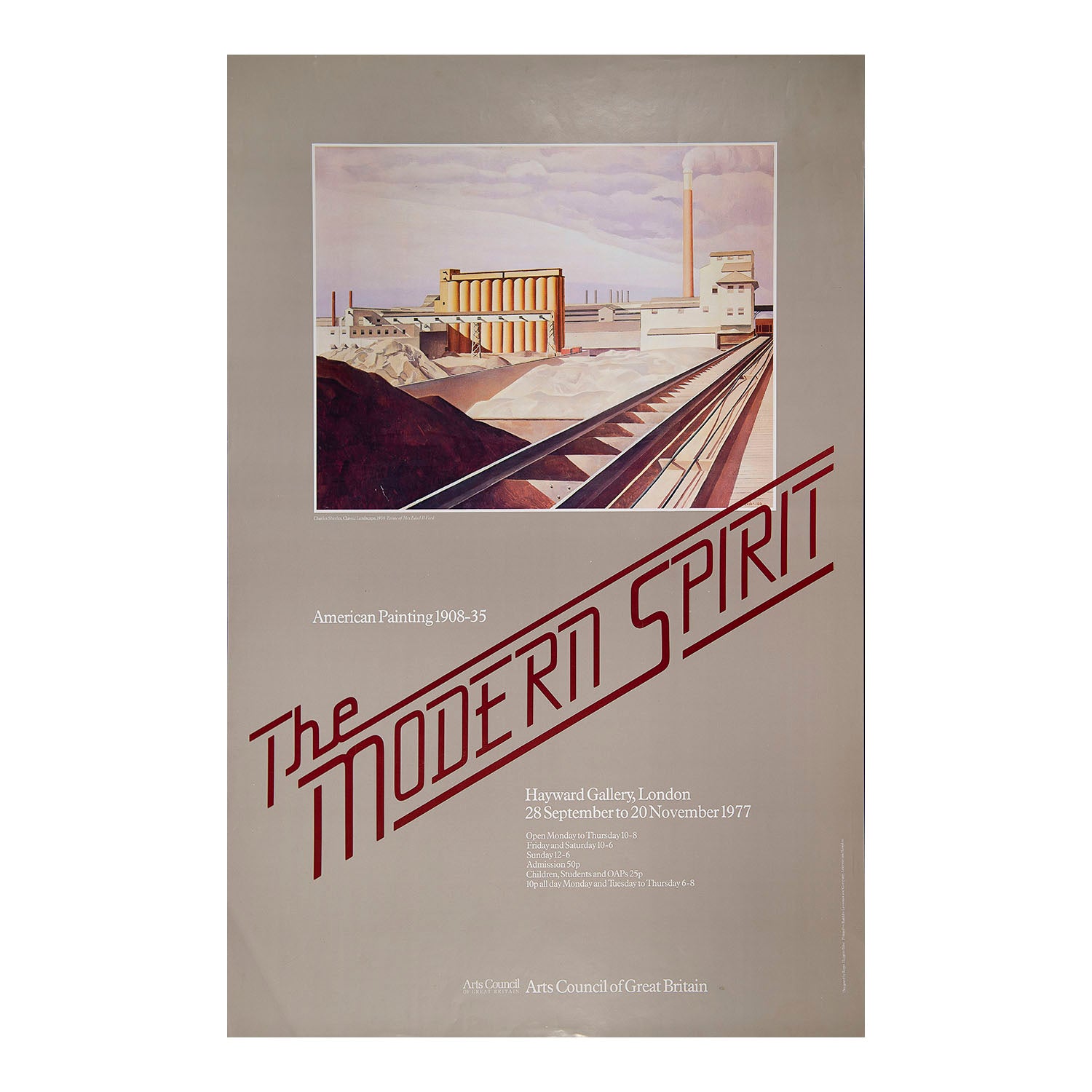 An original art exhibition poster, American Painting 1908-35. The Modern Spirit, Arts Council, 1977. The design features Classic Landscape, by the American artist Charles Sheeler (1938).
