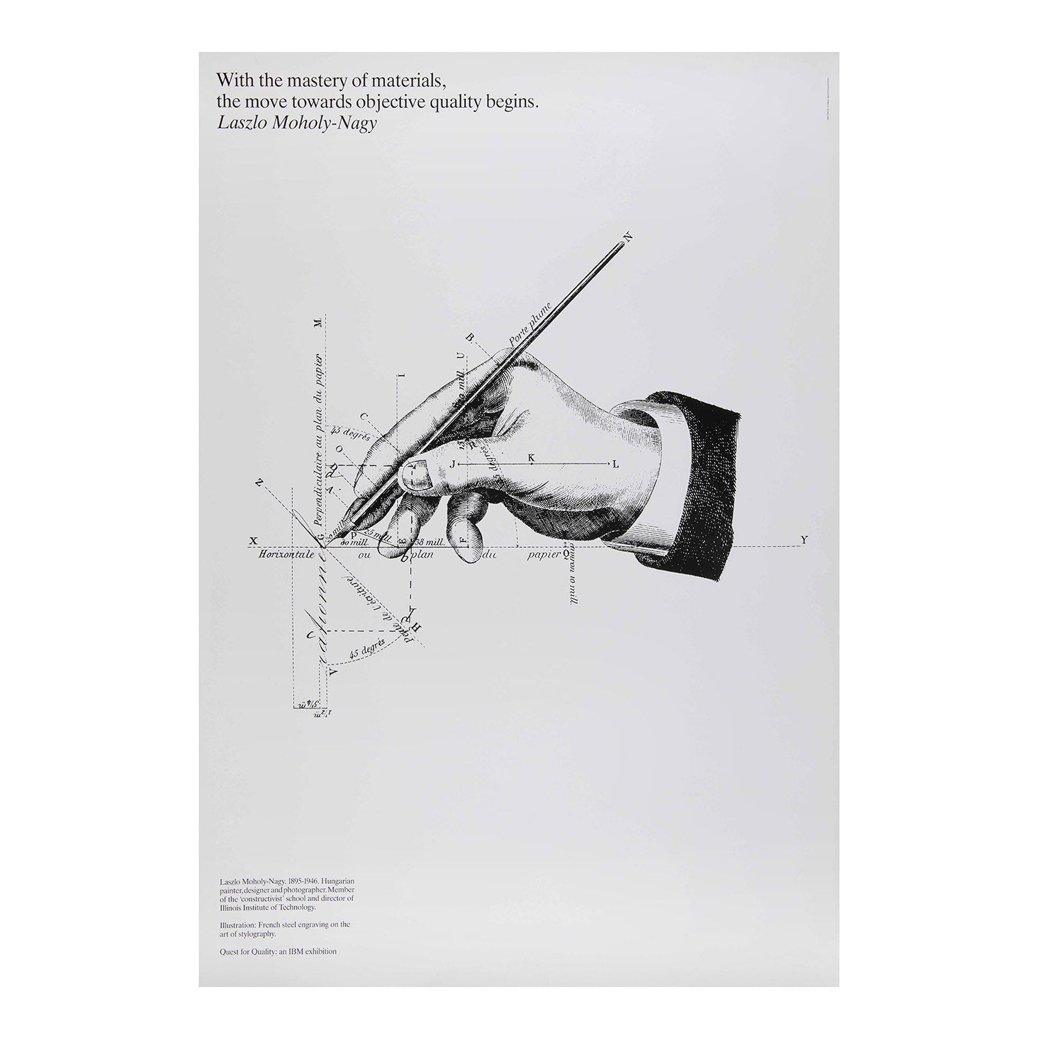 original IBM poster, Quest for Quality, screen printed by G&B Arts, 1985. The poster, which features an historic ‘steel engraving on the art of stylography’, was designed for an IBM exhibition of impactful posters that emphasized the company’s commitment to quality and excellence. This example also has a quote from the Hungarian artist-designer, Lazlo Moholy-Nagy, With the mastery of materials, the move towards objective quality begins