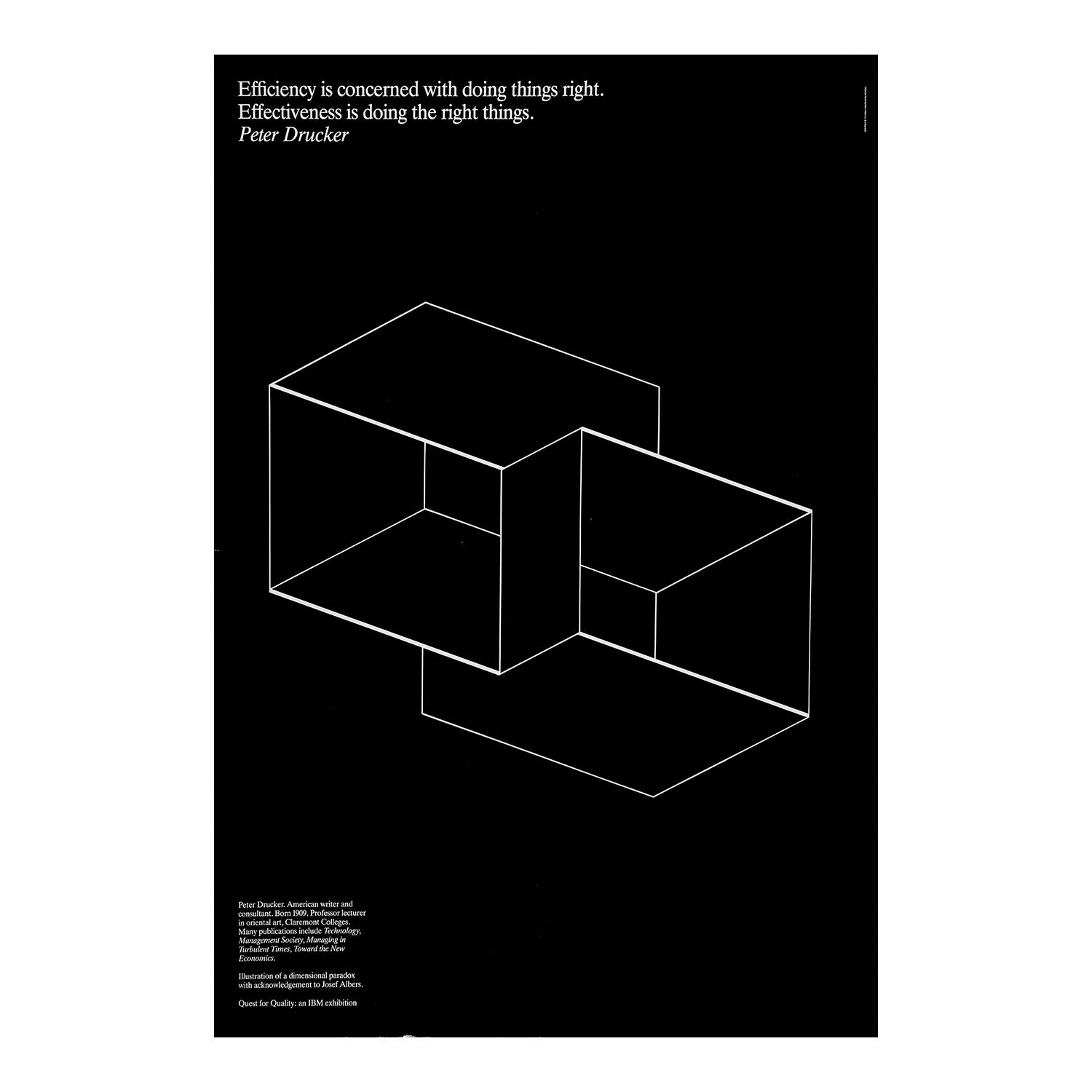 original IBM poster, Quest for Quality, screen printed by G&B Arts, 1985. The poster, which features an illustration of a dimensional paradox by Josef Albers, was designed for an IBM exhibition of impactful posters that emphasized the company’s commitment to quality and excellence