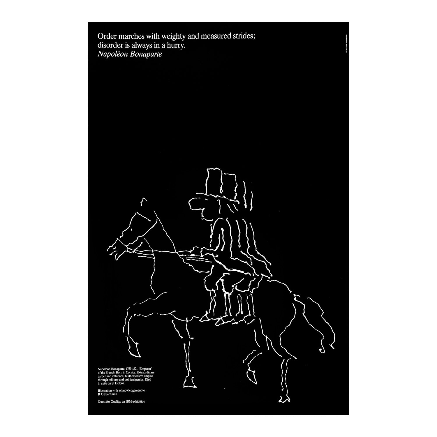 original IBM poster, Quest for Quality, screen printed by G&B Arts, 1985. The poster, which features an illustration of Napoleon Bonaparte by RO Blechman, was designed for an IBM exhibition of impactful posters that emphasized the company’s commitment to quality and excellence