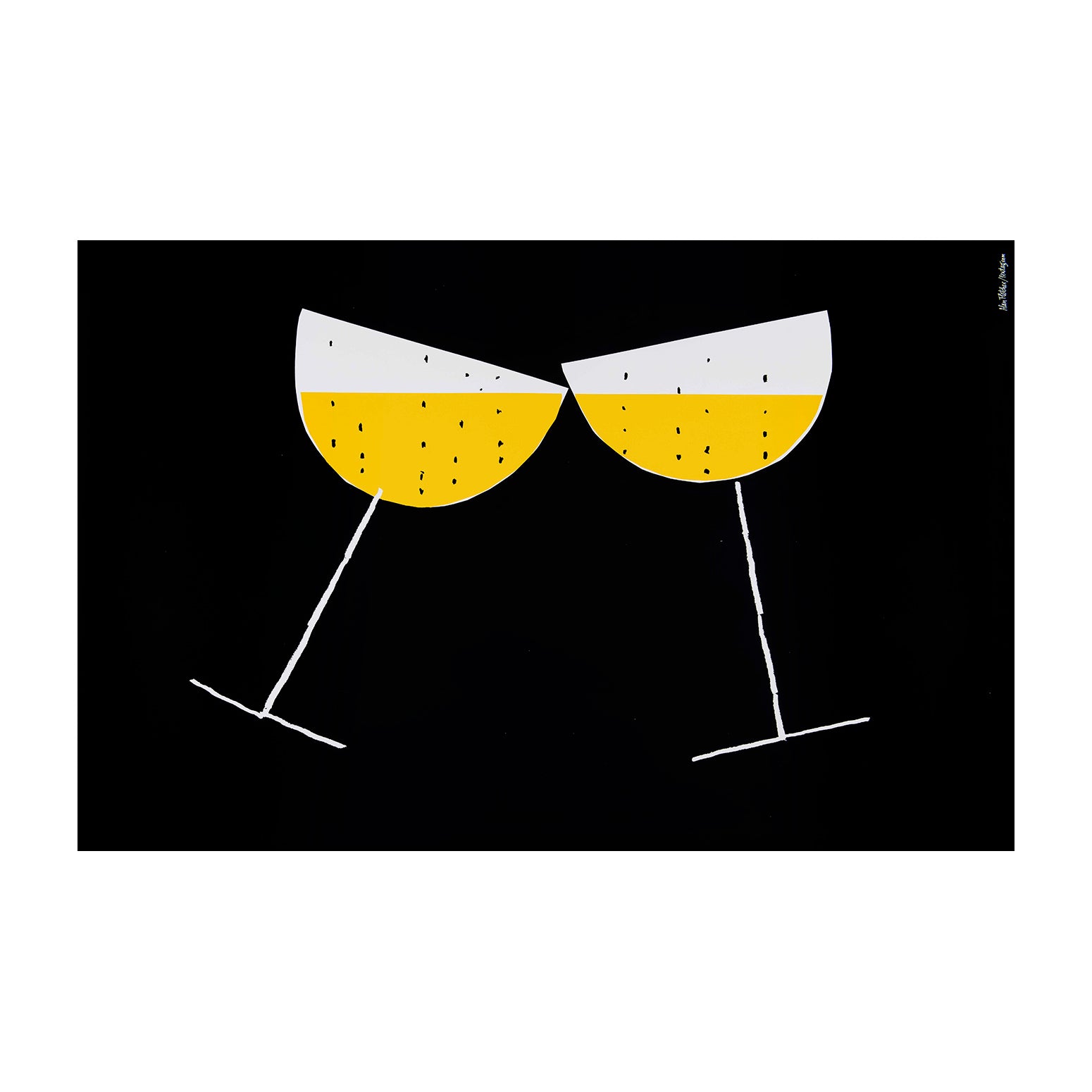 An original poster, Cheers folks, designed by Alan Fletcher (Pentagram) for the 25th Anniversary Party of the Geers Gross advertising agency, 1989. The design features two champagne glasses toasting against a black background