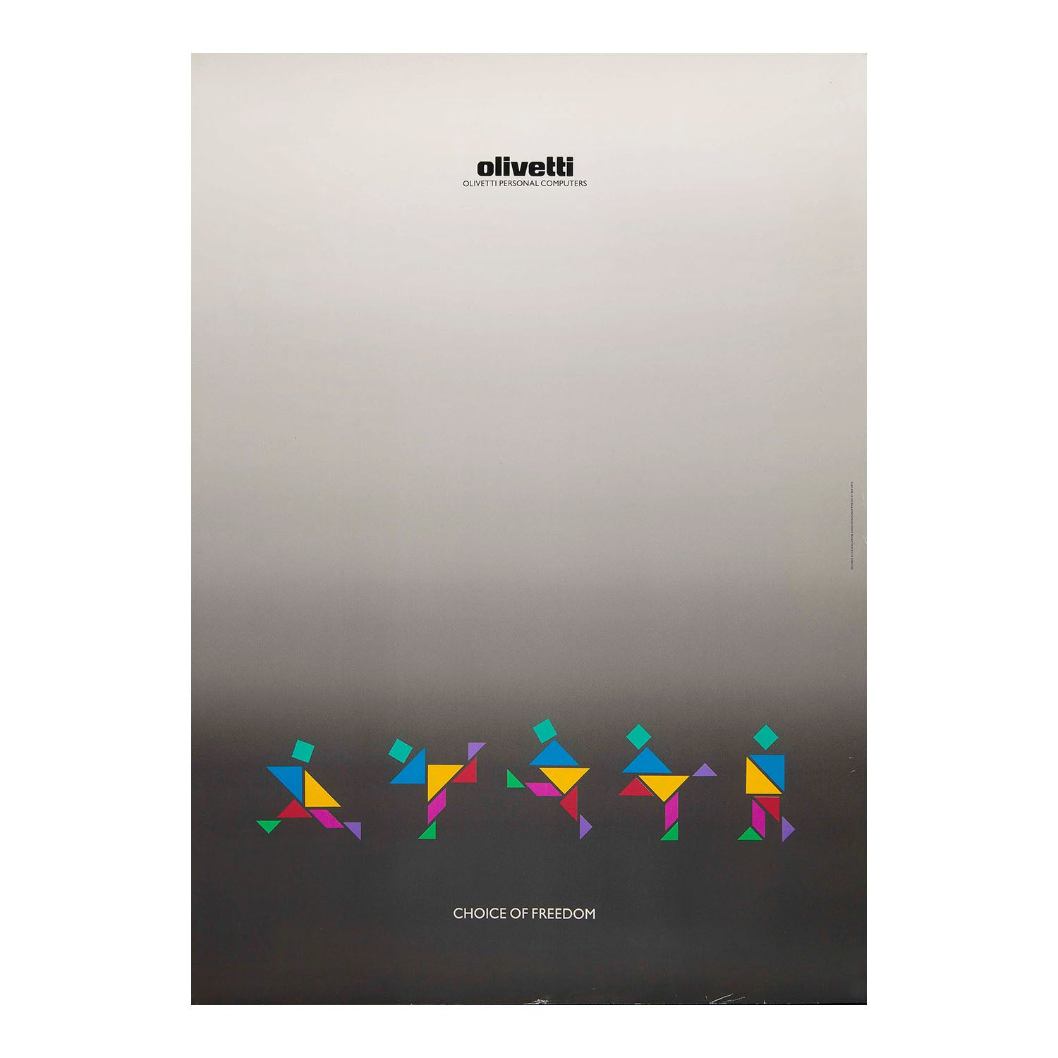 Original promotional poster, Olivetti Personal Computers. Choice of Freedom, designed by Julia Aldridge Associates, c. 1988. The image features a series of figures (at the base) constructed from colourful tangram puzzle pieces, which can be rearranged to form new shapes – a visual reference to the infinite possibilities and creative freedom offered by both the tangram puzzle and Olivetti's personal computers