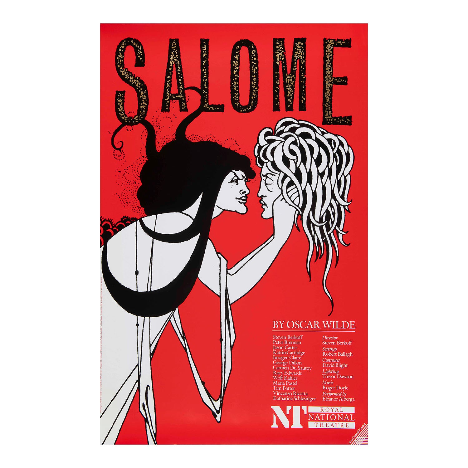Original National Theatre poster for the Oscar Wilde play Salome, 1989. The design, by Michael Mayhew, features an adaptation of the Audrey Beardsley drawing The Climax (1894)