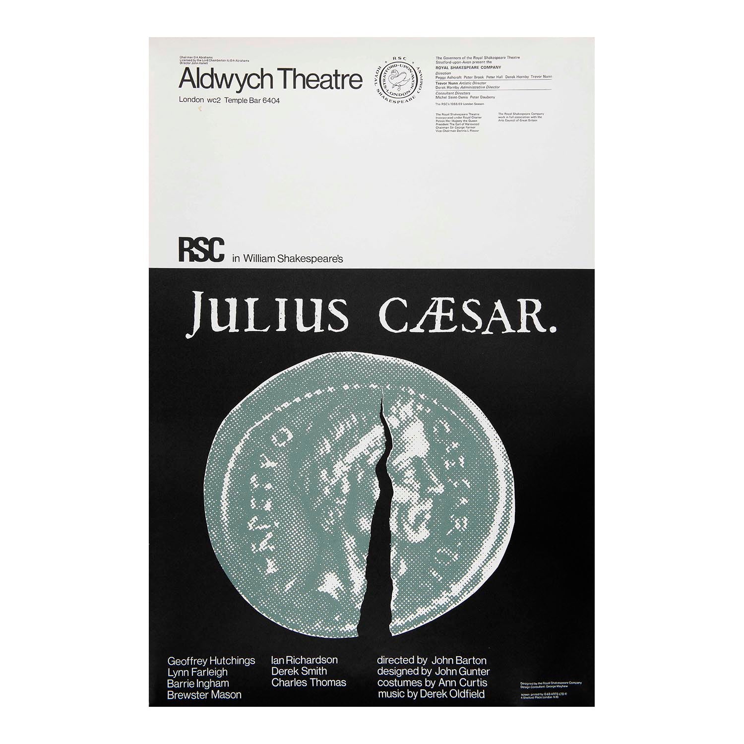 Original theatre poster for Royal Shakespeare Company production of Julius Caesar, Aldwych Theatre, 1968. Directed by John Barton.