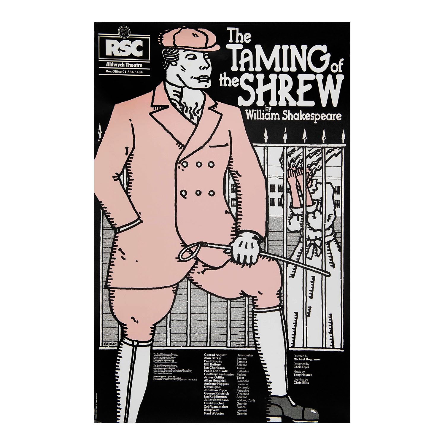 Original theatre poster for a Royal Shakespeare Company production of The Taming of the Shrew, Aldwych Theatre, 1979. Directed by Michael Bogdanov. The cast included Paul Brooke, Jonathan Pryce, Zoe Wannamaker and Ruby Wax
