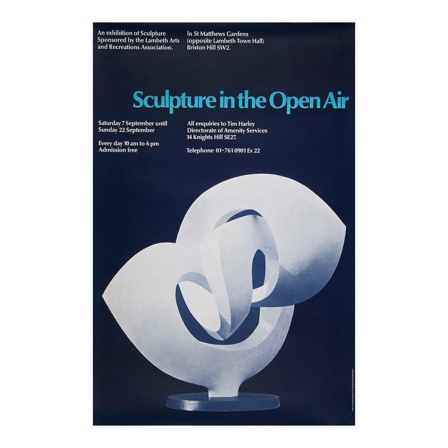 An original art exhibition poster, Sculpture in the Open Air, St Matthews Gardens, Brixton, London, c. 1970. The design features a modernist sculpture in the manner of Barbara Hepworth
