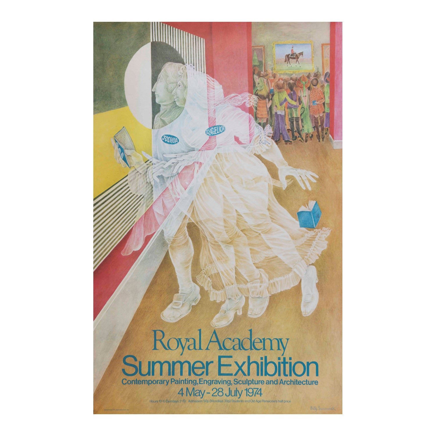 original poster, painted for the Royal Academy Summer Exhibition in 1974 by Betty Swanwick and designed by Gordon House. Swanwick's painting depicts the ghosts of Sir Joshua Reynolds and Angelica Kauffman viewing a contemporary abstract painting, while living visitors in the background throng a portrait of the Queen on horseback