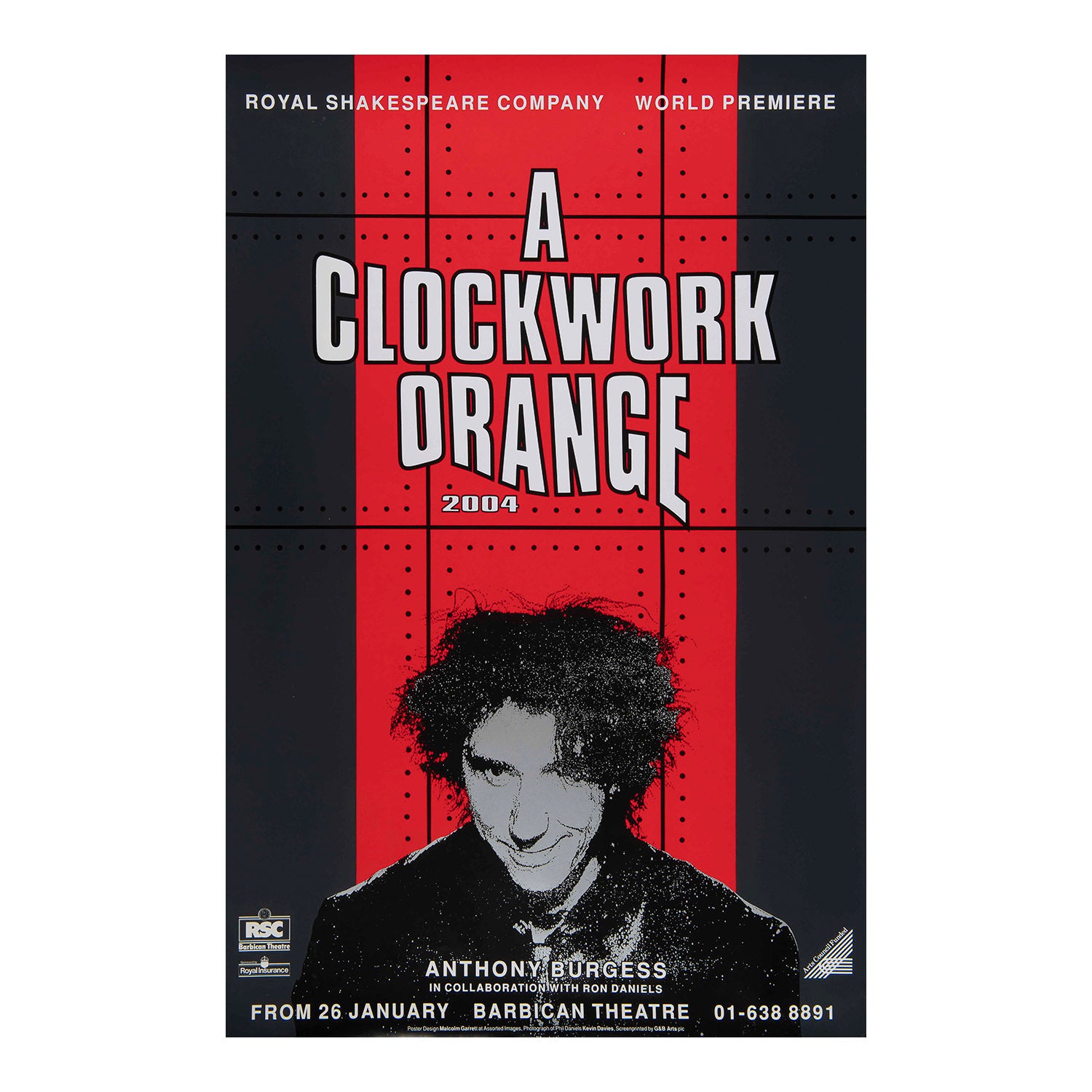 Original theatre poster for a Royal Shakespeare Company production of A Clockwork Orange (by Anthony Burgess), Barbican Theatre, 1990. Directed by Ron Daniels with music by the Edge and Bono (U2). The poster design, by Malcolm Garrett, features the actor Phil Daniels in the role of Alex