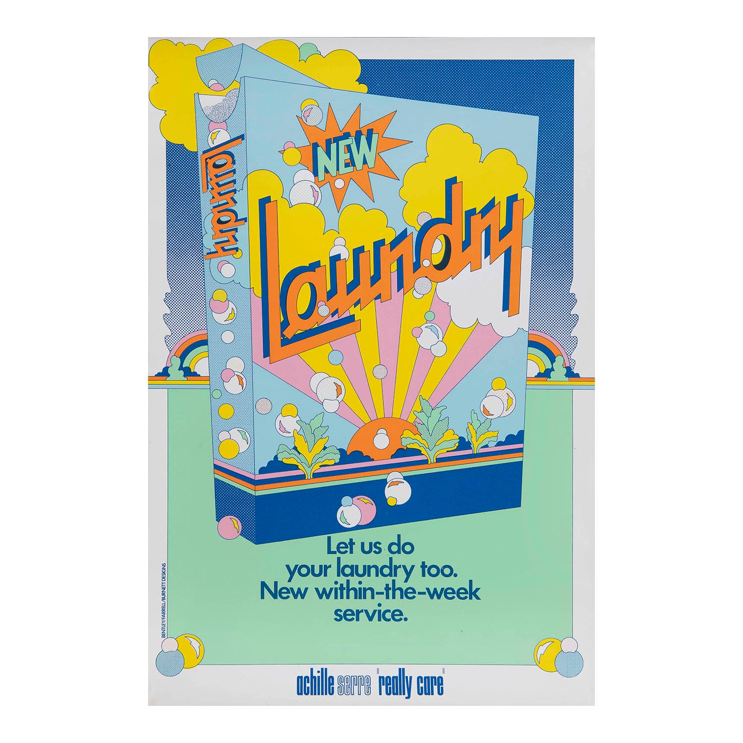 original, promotional poster for Achille Serre dry cleaners and laundry company, designed by Bentley/Farrell/Burnett Designs, 1971. The pop-art inspired design features a vibrant 3D representation of a soap box entitled "New Laundry"