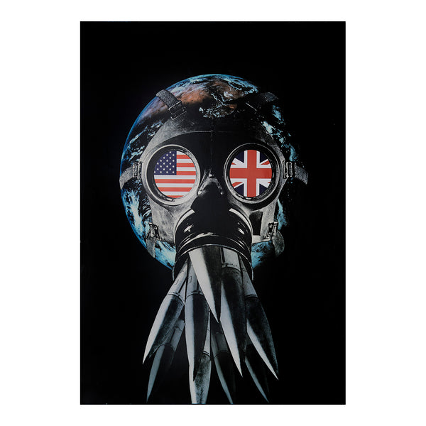 Original political poster, Defended to Death, Peter Kennard, 1983. Photomontage of planet Earth wearing a gas mask, with the lenses of the goggles displaying the flags of America and the United Kingdom, above a mouthpiece stuffed with nuclear missiles.