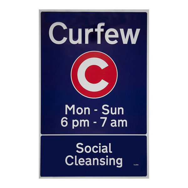 Original protest poster, Curfew, by drd, published by flyingleaps (2018)