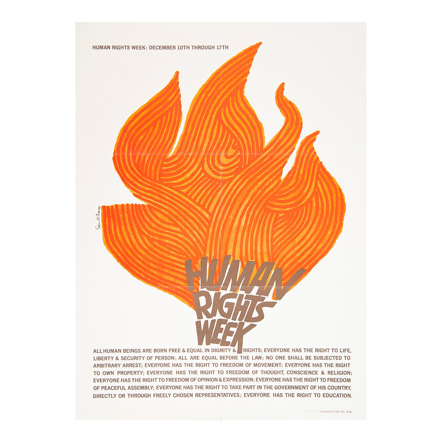An original political poster, Human Rights Week, by the renowned American graphic designer Saul Bass, 1965. 