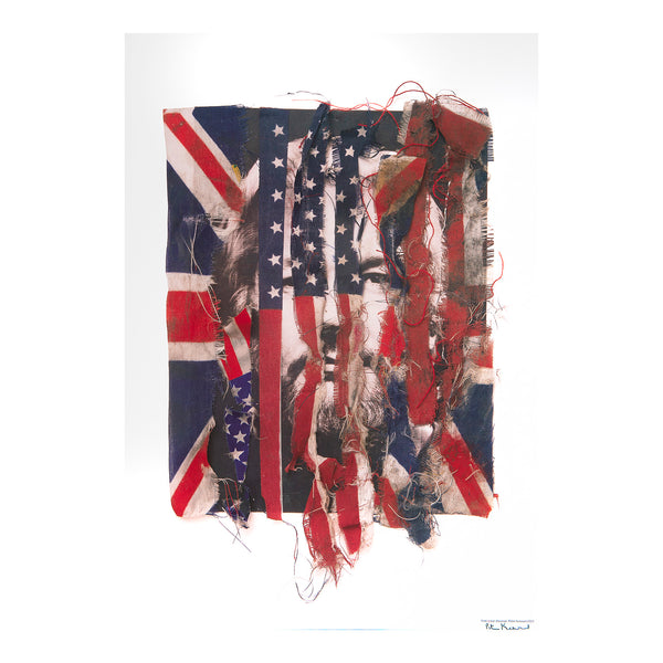 Original political poster, Free Julian Assange, by Peter Kennard, produced for States of Violence by A/political, 2023. Photomontage depicting the WikiLeaks founder Julian Assange behind the tattered remnants of the USA flag.