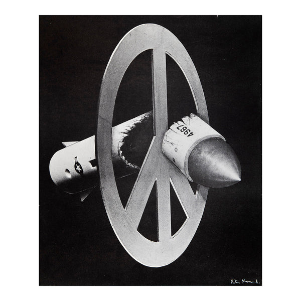 Original protest poster, No Nuclear Weapons, designed by Peter Kennard, Campaign for Nuclear Disarmament, 1980. Hand signed by the artist. The design features a photomontage of the peace symbol slicing a nuclear warhead in two.