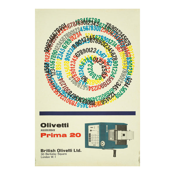 poster for Olivetti by the Italian graphic designer, Giovanni Pintori, 1960. The poster promotes the Olivetti manual adding machine, Prima 20, below a spiral of colourful numerals