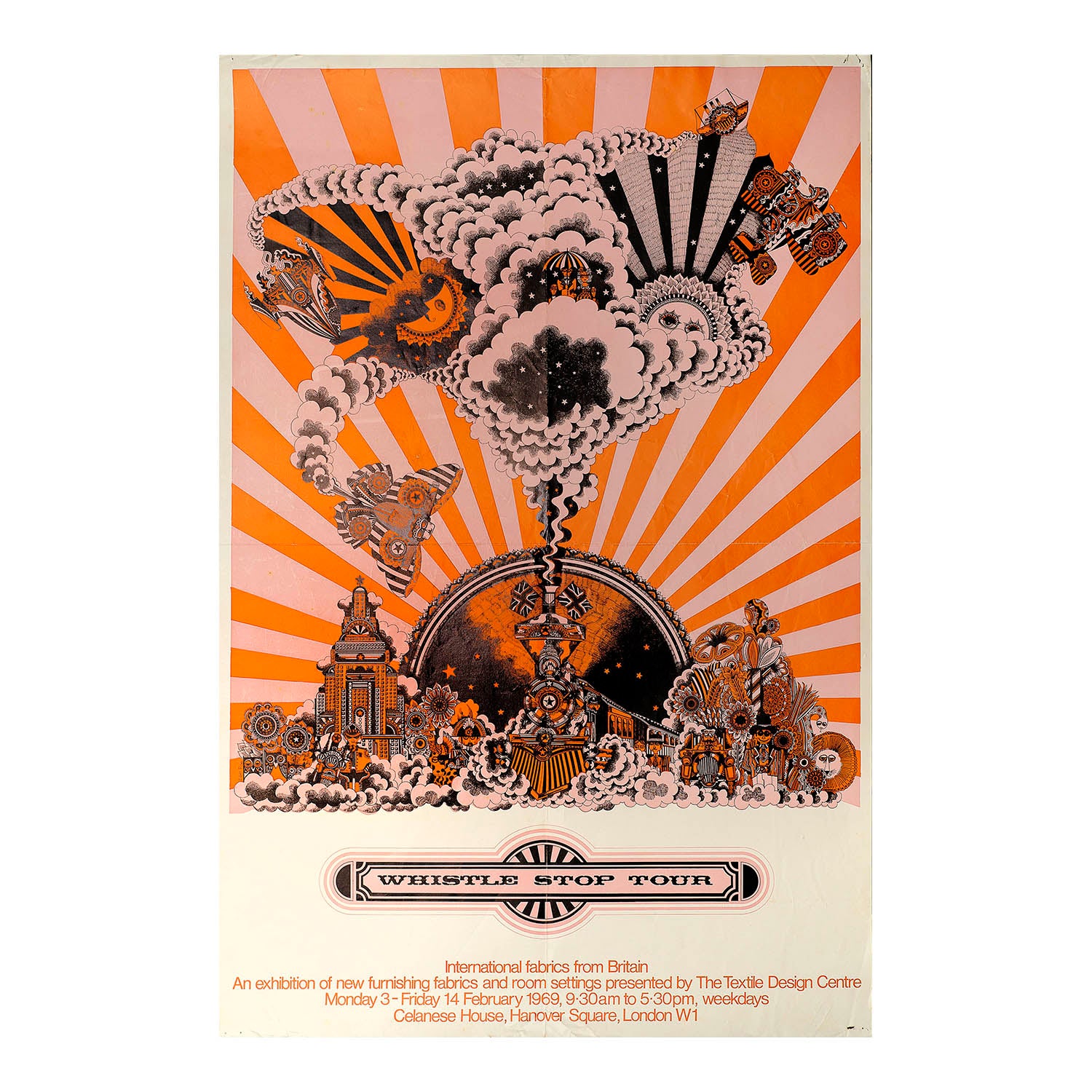 poster for an exhibition of ‘International fabrics from British Exhibitors’, organised by The Textile Design Centre and held at Celanese House, London, in February 1969. The Pop Art inspired design is by Dave Roe, probably best known today for his iconic Isle of Wight festival posters