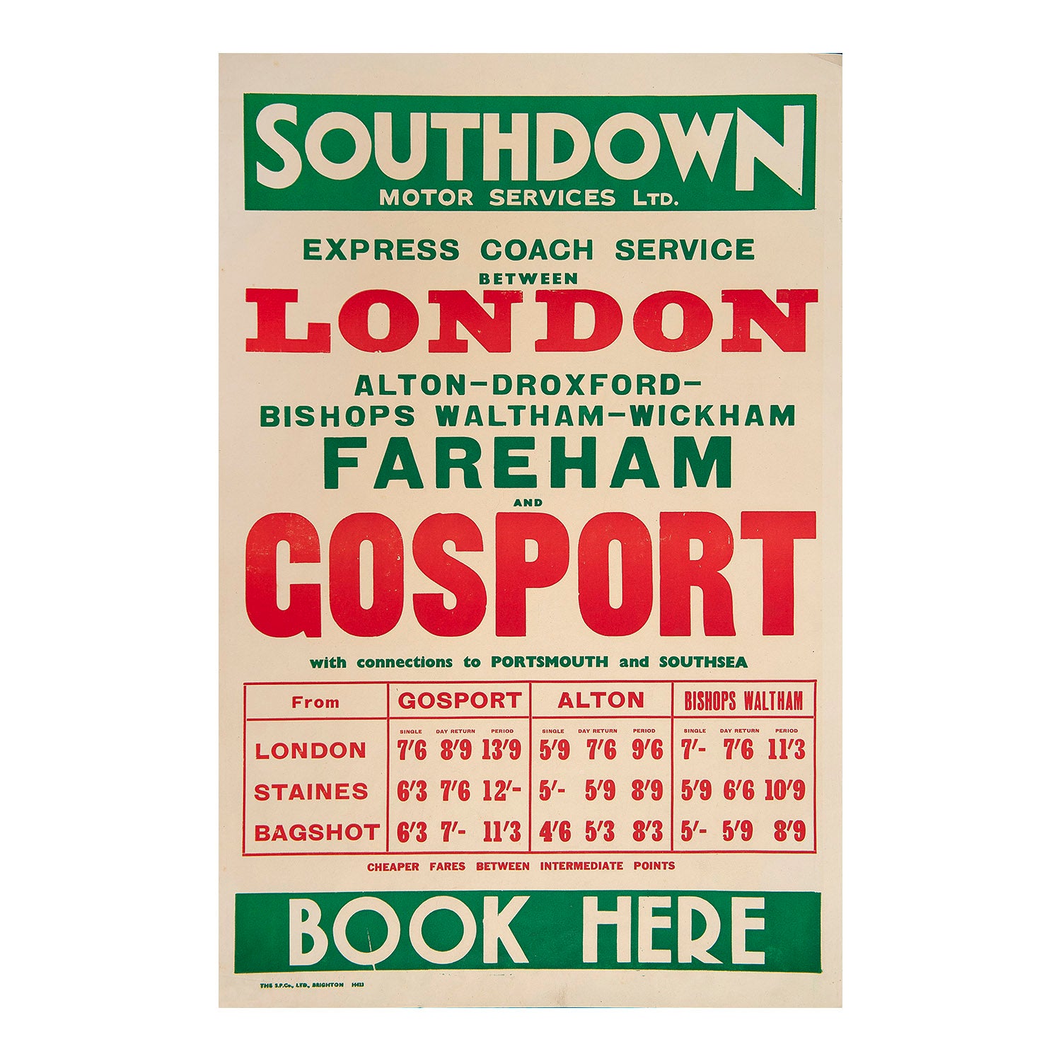 Original poster advertising ‘Express Coach Services’ between London and Gosport (via Alton, Droxford, Bishops Waltham, Wickham and Fareham), Southdown Motor Services Ltd, c. 1965