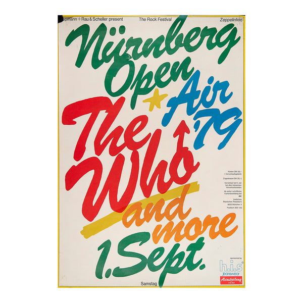 An original music festival poster, Open Air '79, Nürnberg, The Who and more, Zeppelinfeld, Nurremberg, 1979. 