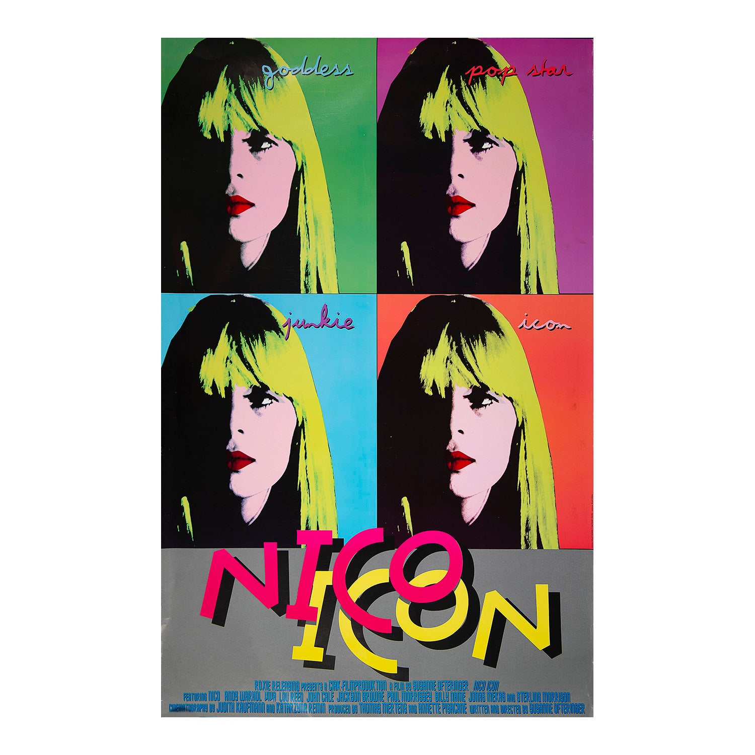 Poster for the 1995 film documentary Nico Icon by Susanne Ofteringer. The design features Andy Warhol’s collage of Nico