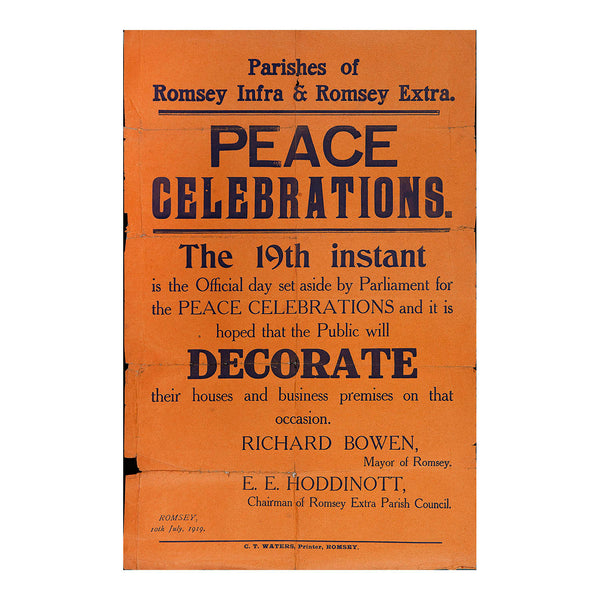 Original First World War era poster, Peace Celebrations, published by the Parishes of Romsey Infra and Romsey Extra, Hampshire, 1919.