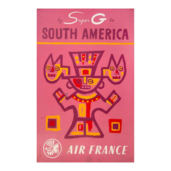 travel poster, By Super G to South America, 1956. The design, by Charles Rosner, features an Aztec inspired artwork, above the Air France title and Hippocampus logo