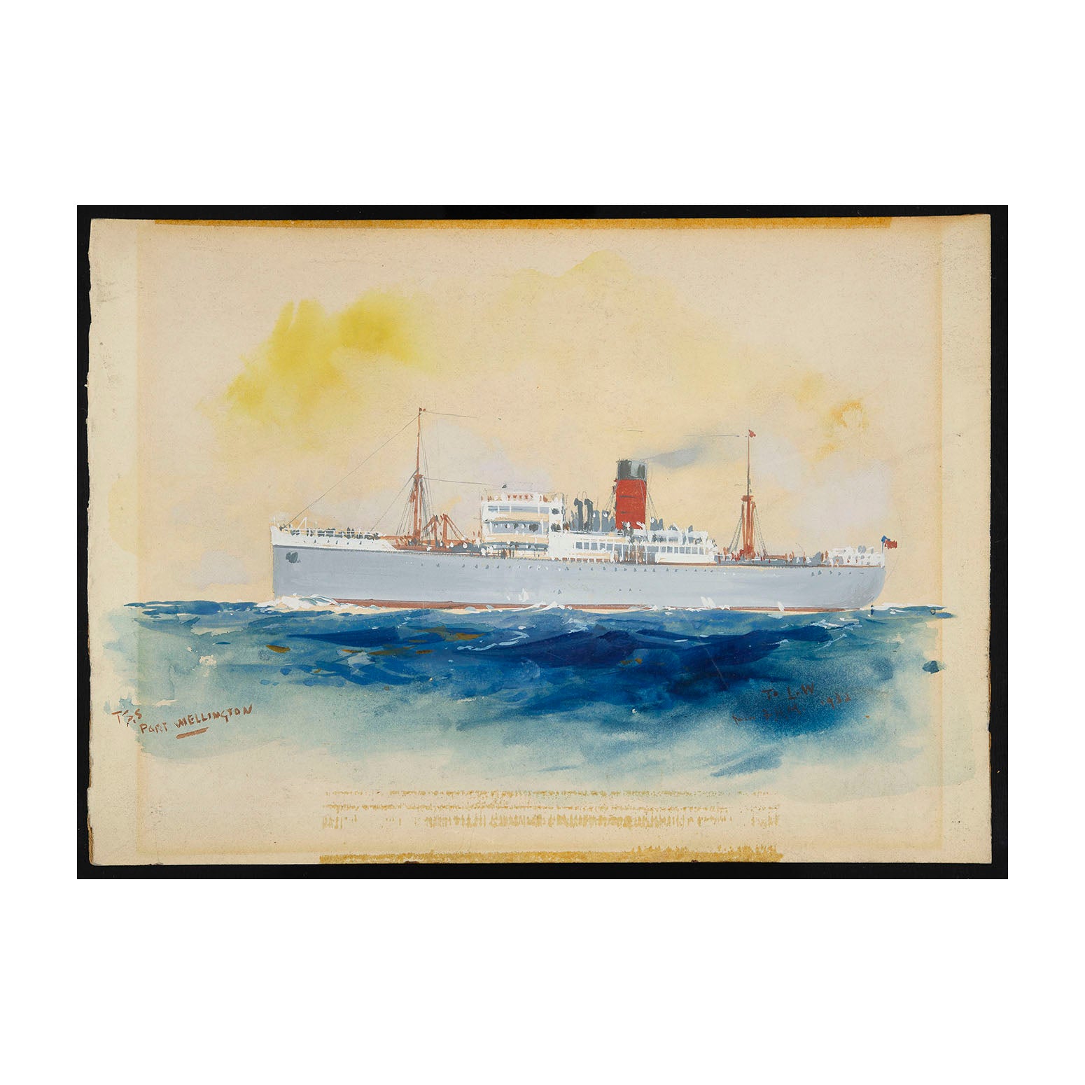 original, watercolour by the renowned British poster designer and marine artist, Frank H. Mason (1875-1965), depicting the steam cargo vessel TSS Port Wellington. The painting is dedicated To L.W from F.H.M 1932.