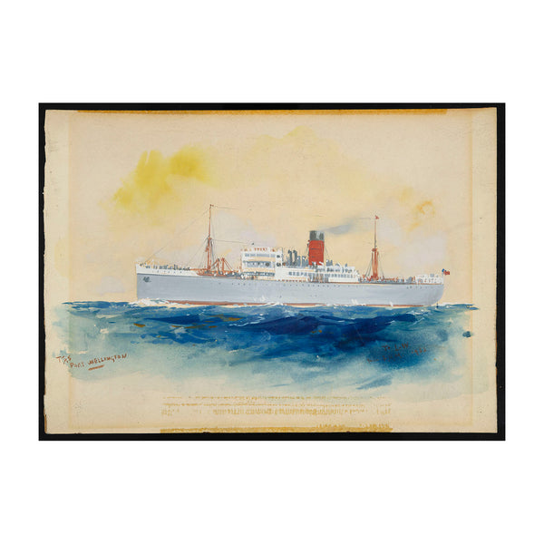original, watercolour by the renowned British poster designer and marine artist, Frank H. Mason (1875-1965), depicting the steam cargo vessel TSS Port Wellington. The painting is dedicated To L.W from F.H.M 1932.