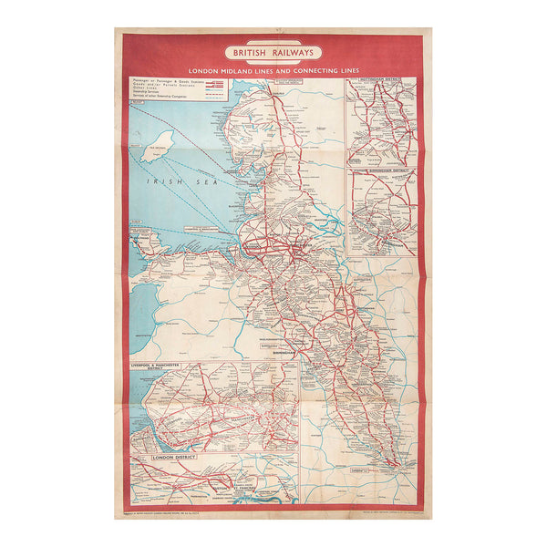 Original British Railways (London Midland Region) poster route map, 1952. A very detailed poster map depicting the entire London Midland Region network from London (Euston and St Pancras) to Carlisle, with inserts for London, Liverpool & Manchester, Birmingham, and Nottingham.