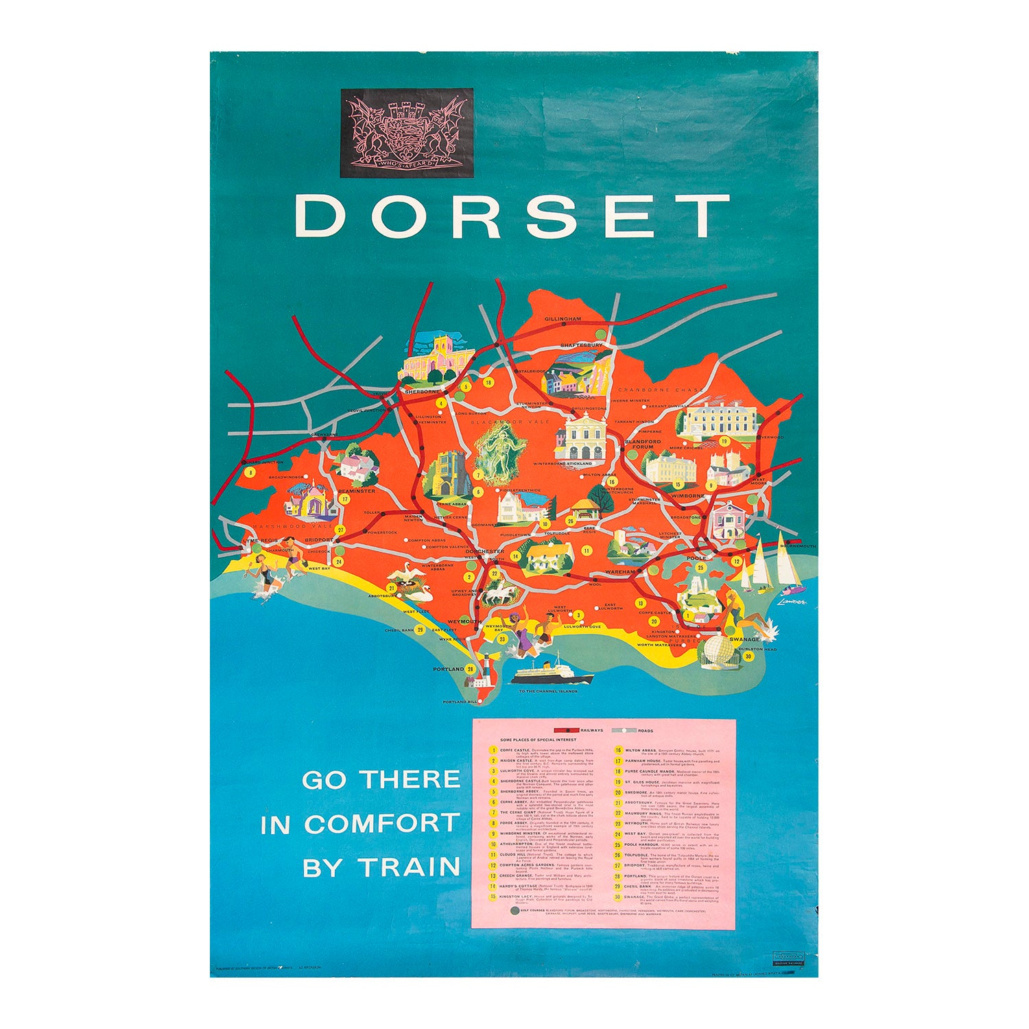 A lovely, original, decorative poster map of Dorset designed by&nbsp;Reginald&nbsp;Lander for British Railways, 1962. The charming design features vignettes of places to visit, including Lyme Regis, Weymouth, Portland, Lulworth Cove, Swanage, Corfe Castle, and Poole
