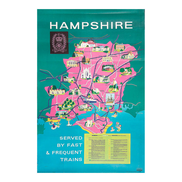A lovely, original, decorative poster map of Hampshire designed by Reginald Lander for British Railways, 1963. The charming design features vignettes of places to visit, including Winchester, Southampton, the Isle of Wight, Beaulieu Abbey, the New Forest and Carisbrooke Castle