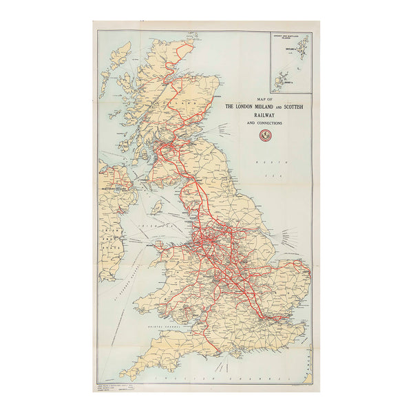 Original large format London Midland and Scottish Railway map of the company's rail network and connections, c.1930.