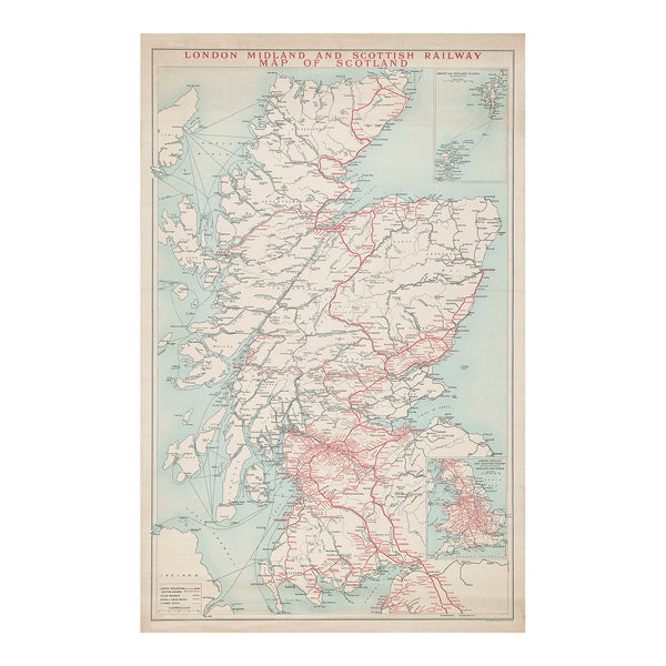 Original large format London Midland and Scottish Railway map of the company's rail network and connections in Scotland, c.1930.
