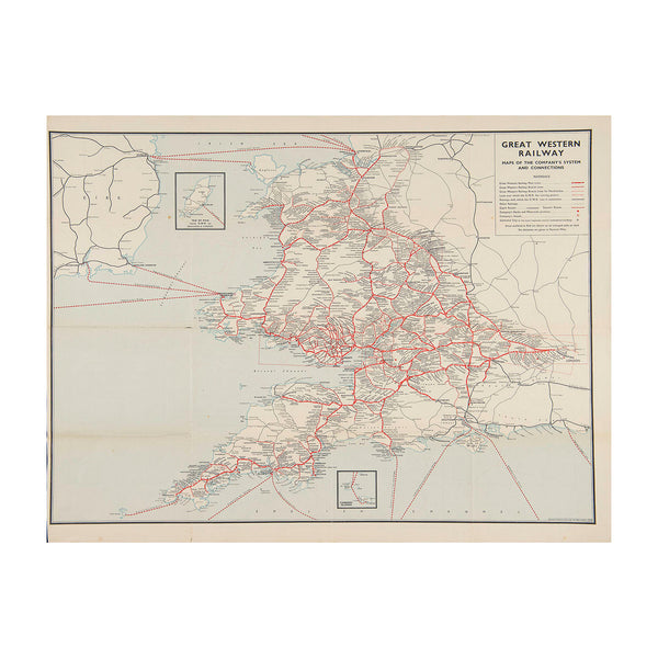 Original double sided folding Map of the Great Western Railway, c.1925

The map unfolds to show the company's rail network and steamer routes, with an insert for the Isle of Man. On the reverse are more detailed maps for Birmingham and District, GWR South Wales Docks, London & Suburbs, Ireland, Bristol & District and the River Thames