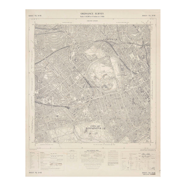 Original Ordnance Survey map of Greater London (Sheet TQ 28SE), 6 inches to 1 miles scale, 1968.

Incredibly detailed map of central and north west London, focussing on the City of Westminster, Regent's Park, Camden, Mayfair, Paddington and Kensington Gardens