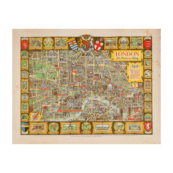 Original pictorial poster map of London, Bastion of Liberty, by the noted poster artist Kerry Lee, published by the British Travel Association, 1946. This highly decorative map is full of period charm, including depictions of historical buildings, famous people, places to visit