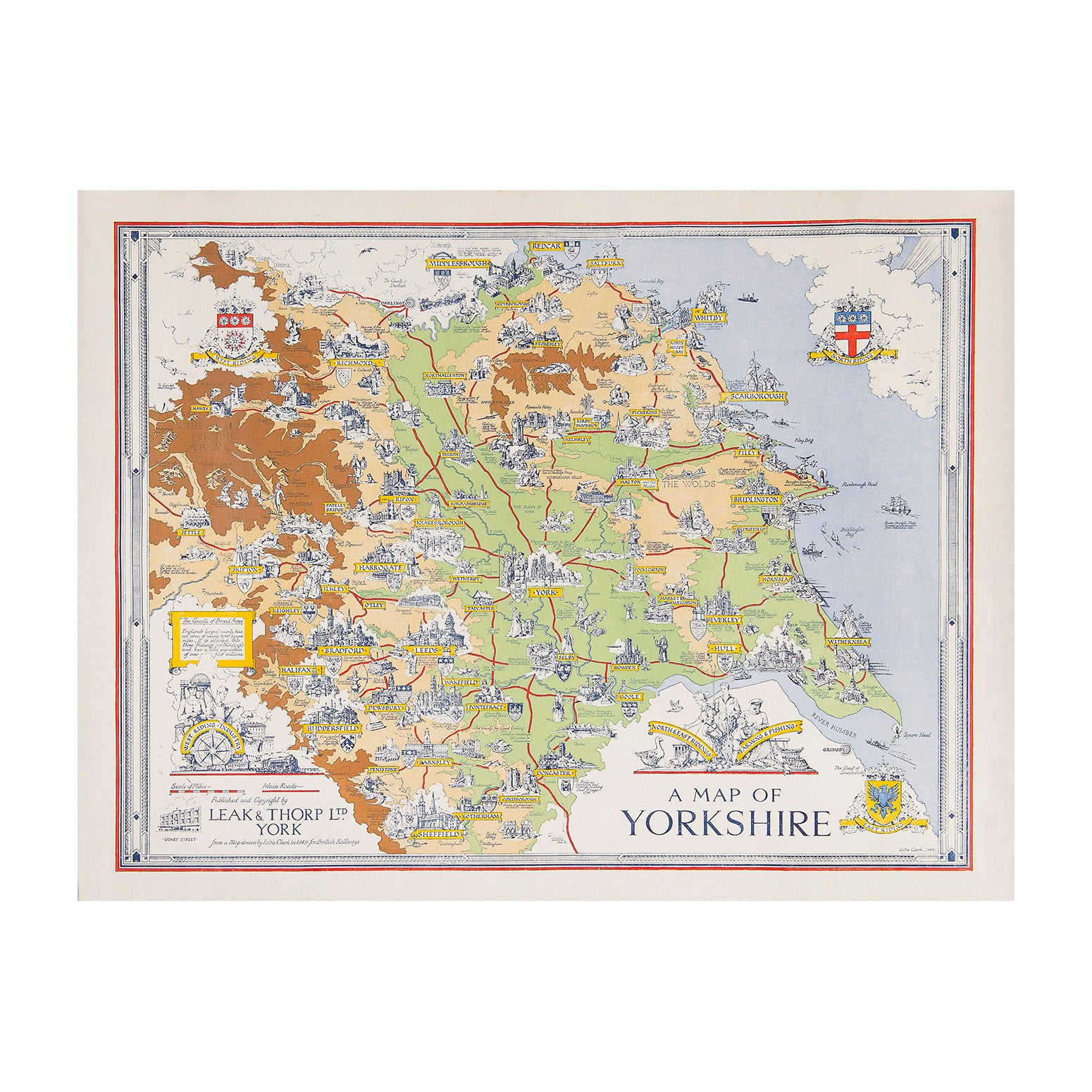 Original promotional advertising poster, A Map of Yorkshire, designed by Estra Clark and published by Leak and Thorp Department Store, Coney Street, York, c. 1960.