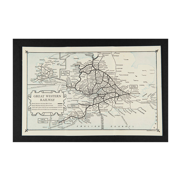 Original folding Map of the Great Western Railway, printed on thin card, c. 1925.

The map unfolds to show the company's rail network and steamer routes, including connections for Ireland. The reverse printed with 'Distances from Paddington Station' and a selection of 'Tasteful Gifts' available from the GWR Stationery Superintendent