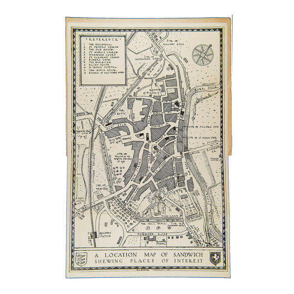 An original folding map, Map of Town and Port of Sandwich. Showing Places of Historic Interest as at 1930, c. 1948. The plan, drawn by BL Burge, depicts local places of historic interest to visit.