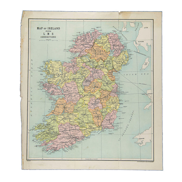 Original folding map issued by the London Midland and Scottish Railway in about 1930-35, showing the Irish rail network.