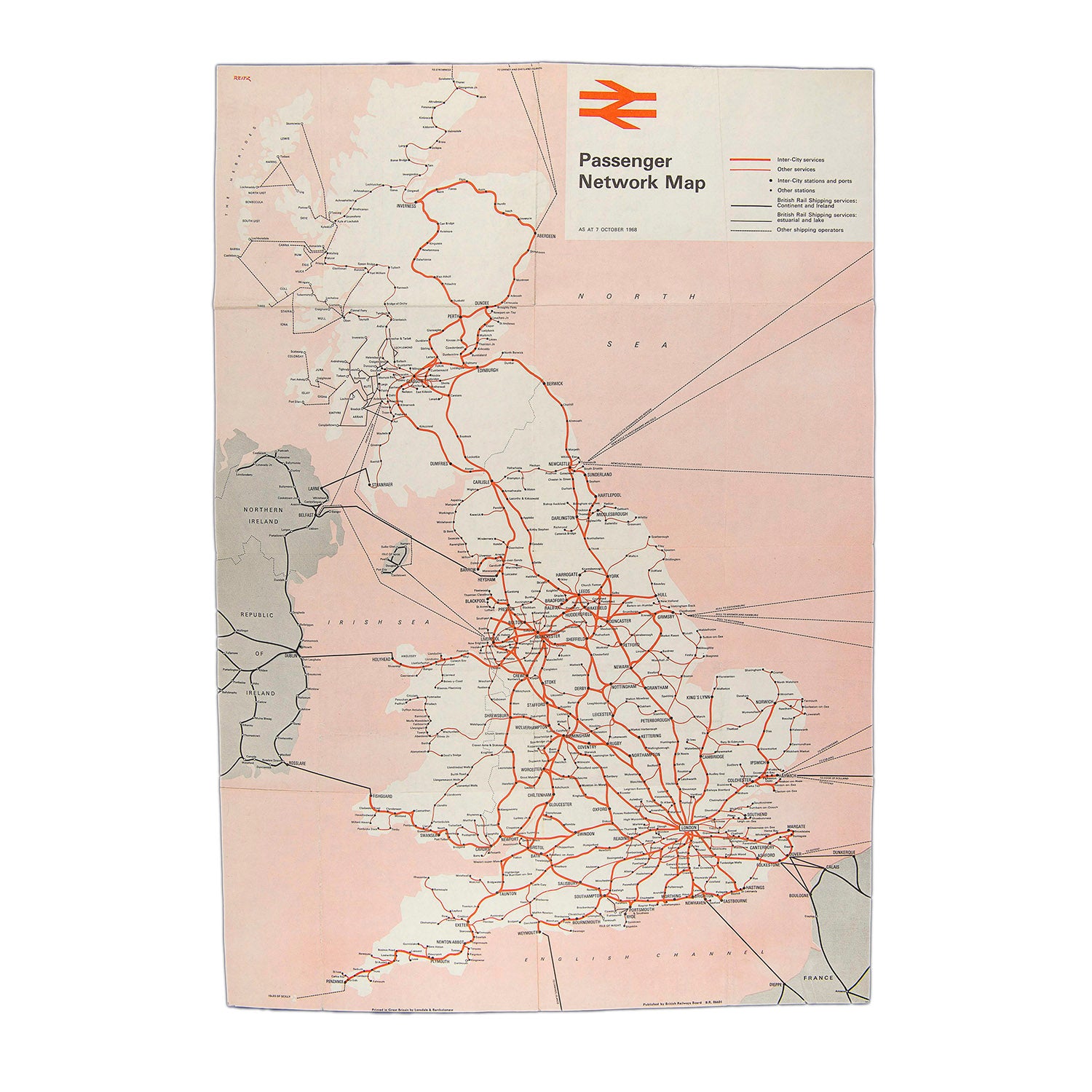 Original, double sided, British Rail Passenger Network folding map, 1968. The front shows the principal rail network of the British Isles in geographic format. The reverse depicts more detailed railway maps of the Western Region, Cardiff, Bristol, Plymouth and London
