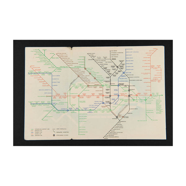 Original, and uncommon, London Transport folding Underground pocket map, printed on thin card, No.3 1939.

Version of the iconic Tube map designed by Hans Schleger (Zéró) rather than HC Beck. The inside diagram shows plans for extensions to the Northern, Central and Bakerloo lines. Some of these were in fact never completed, such as the Northern branches to Alexander Palace and Bushey Heath, and to Denham on the Central.